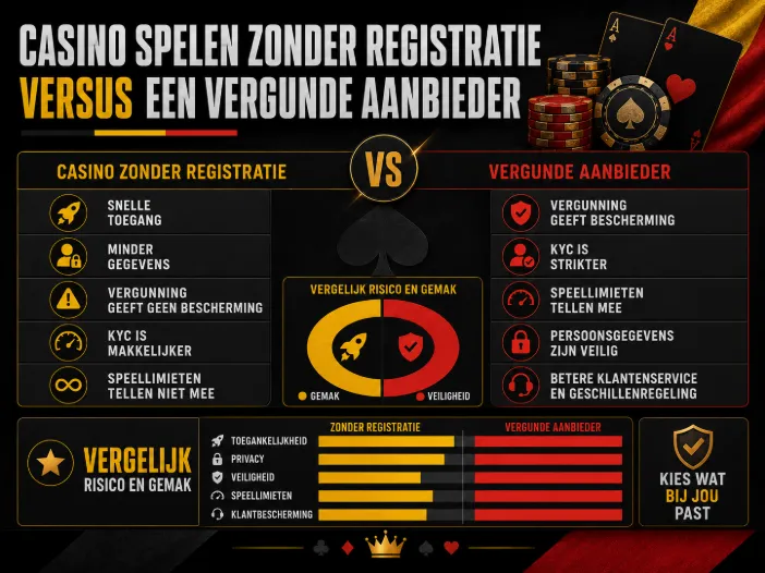 Casino spelen zonder registratie versus een vergunde aanbieder